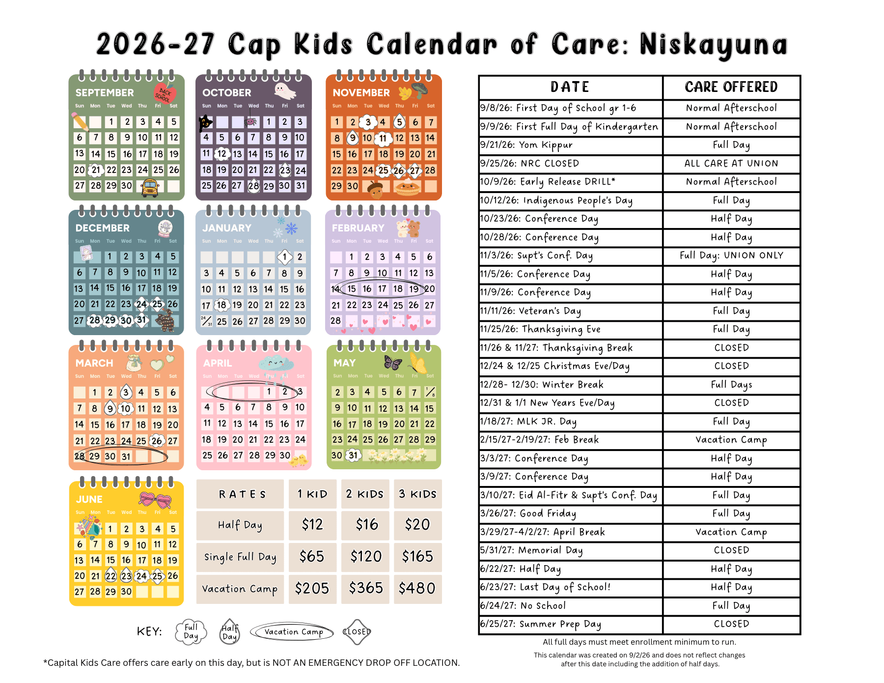 2026-27 Capital Kids Care Calendar of Care for Niskayuna