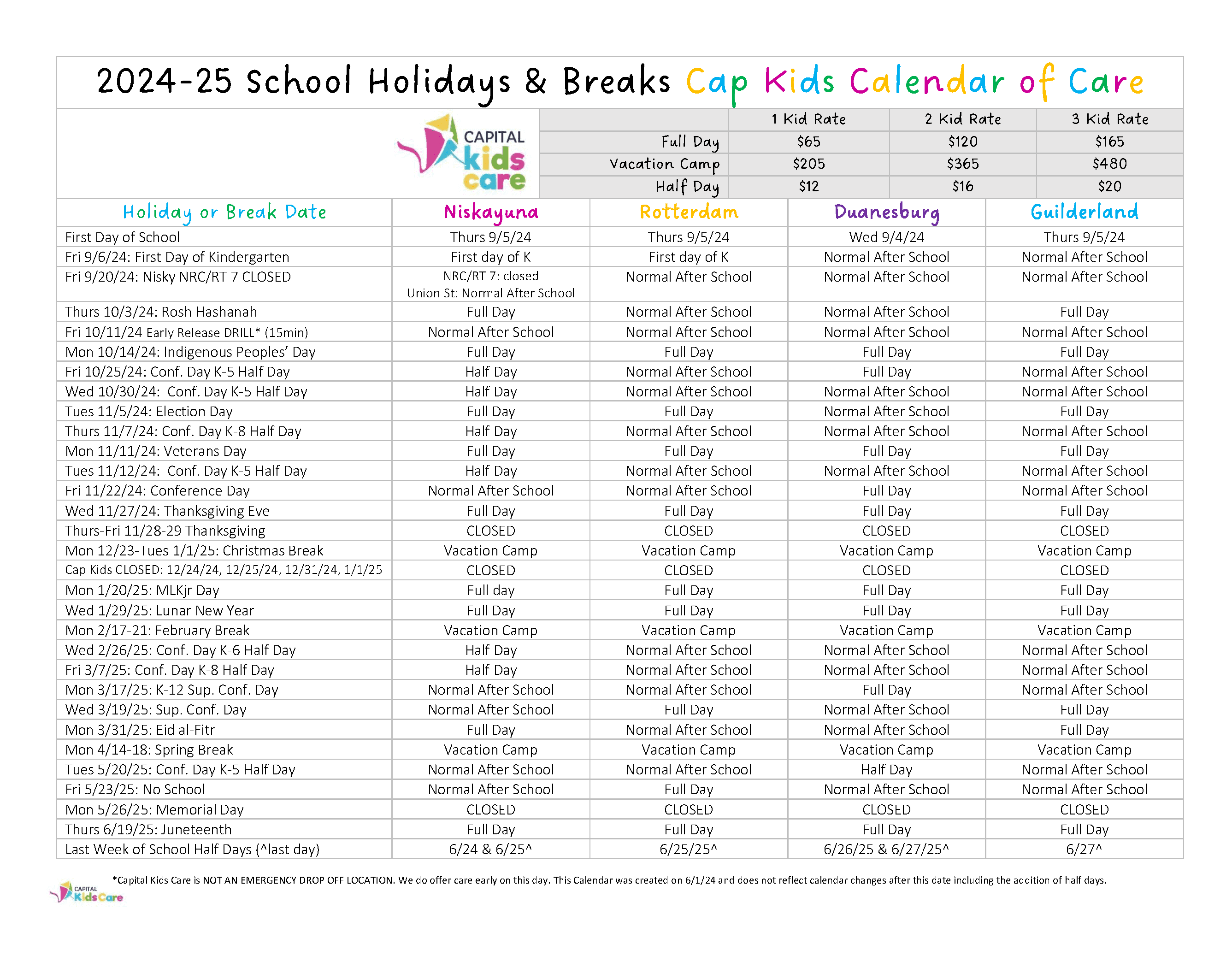 Calendar of Care 2024-2025